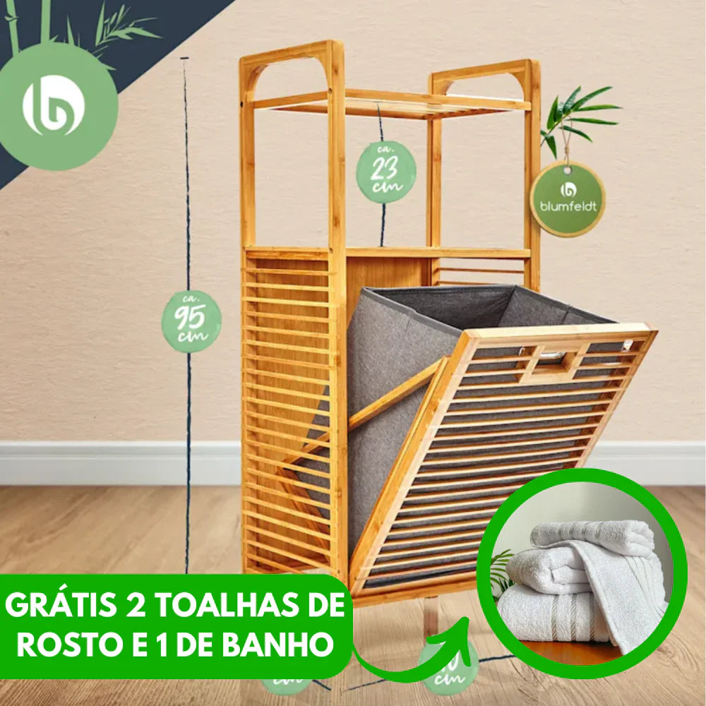 Cesta de lavandería rústica de bambú con múltiples compartimentos (2 toallas faciales gratis y 1 toalla de baño gratis)